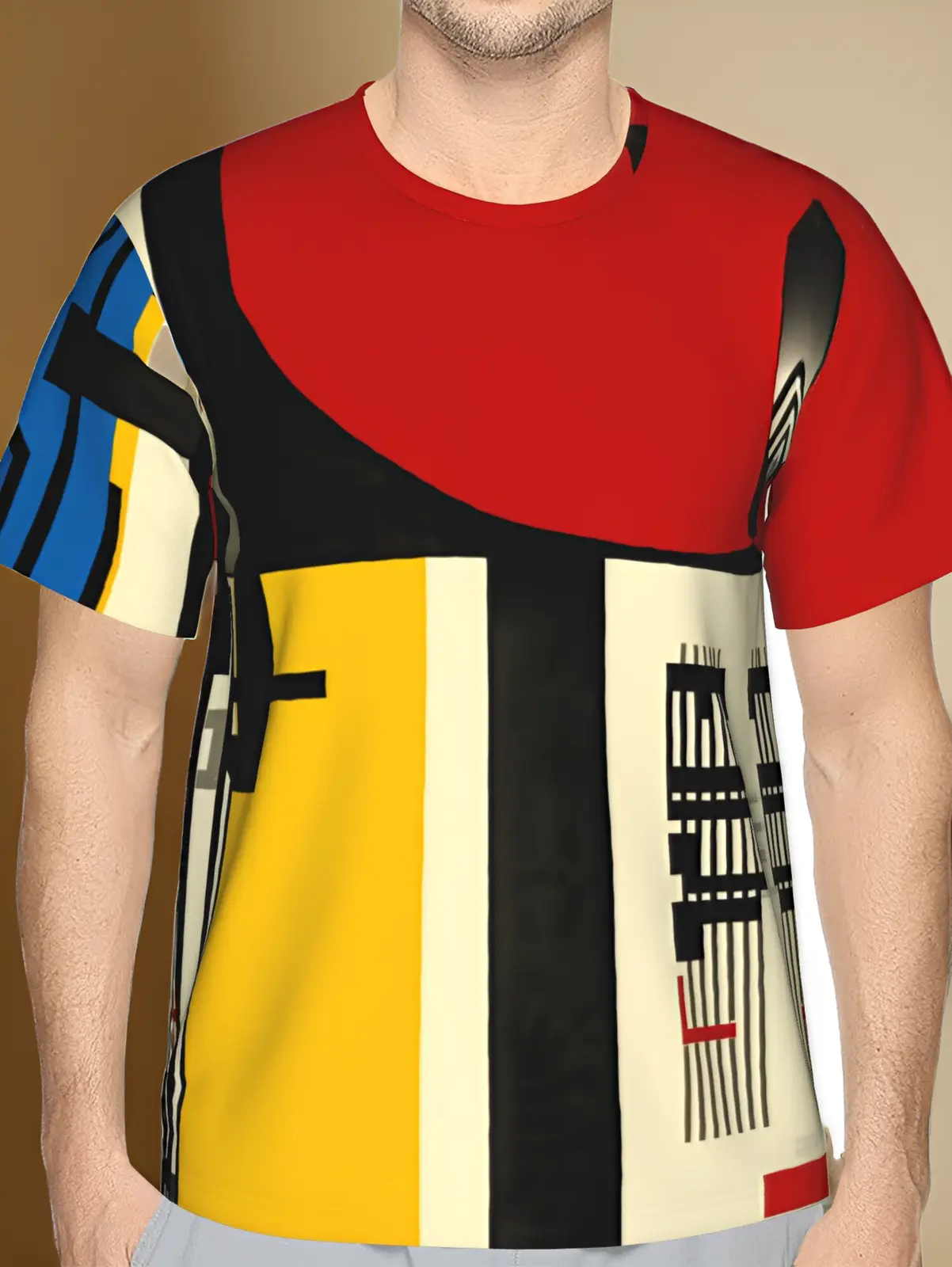 Men's 3D Printed Abstract Art T-Shirt, Bold Geometric Shapes & Primary Colors, De Stijl Inspired Design with Red Yellow Blue Black White, Polyester Breathable Short Sleeve, Modernist Graphic Tee for Casual Daily Wear