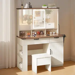 Vanity Desk with Mirror and Lights, Makeup Vanity Table Set with Storage Drawers, With jewelry storage cabinet,Small Dressing Table with  Ambient Light, Adjustable Brightness for Girls Bedroom