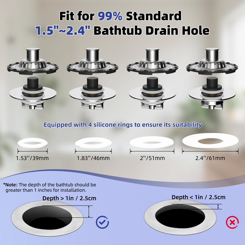 Hibbent Bathtub Drain Stopper with Visible Top Hair Catcher, Innovative 3 in 1 Pop-up Bathtub Strainer Fit for Standard 1.5 to 2.4in Drain Hole, with Detachable Stainless Steel Filter Basket, Chrome