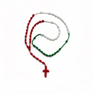 100% Handmade Rosary Cross Pendant Long Braided String Knotted Catholic Religion Adjustable Colorful Rope Necklace Lucky Protection Keepsake Jewelry for Women Men made in Mexico