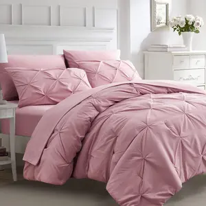 7pc Comforter Set, Pintuck Bed in a Bag Blush Bed Set with Comforters and Sheets 7 Piece, All Season Pinched Bedding Sets for (Pink,Queen Size)