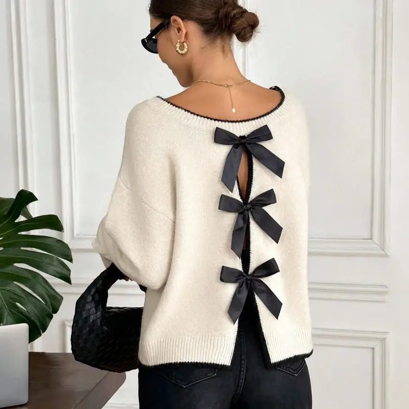 Elegant Chic Women's Bow Shoulder Long Sleeve Fitted Knitwear Sweater, Back Bow Design, Perfect for Fall, New Year, Parties, Graduation, Casual Wear, Womenswear, Knitting, Tops, Casual Fitted Pullover, Slim Fitted Knit
