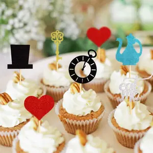 12PCS - Alice in Wonderland Cake Topper Decoration - Heart-shaped Magic Hat Series Cake Topper, Ideal for Birthdays, Wedding Parties, and Carnival Theme Decorations