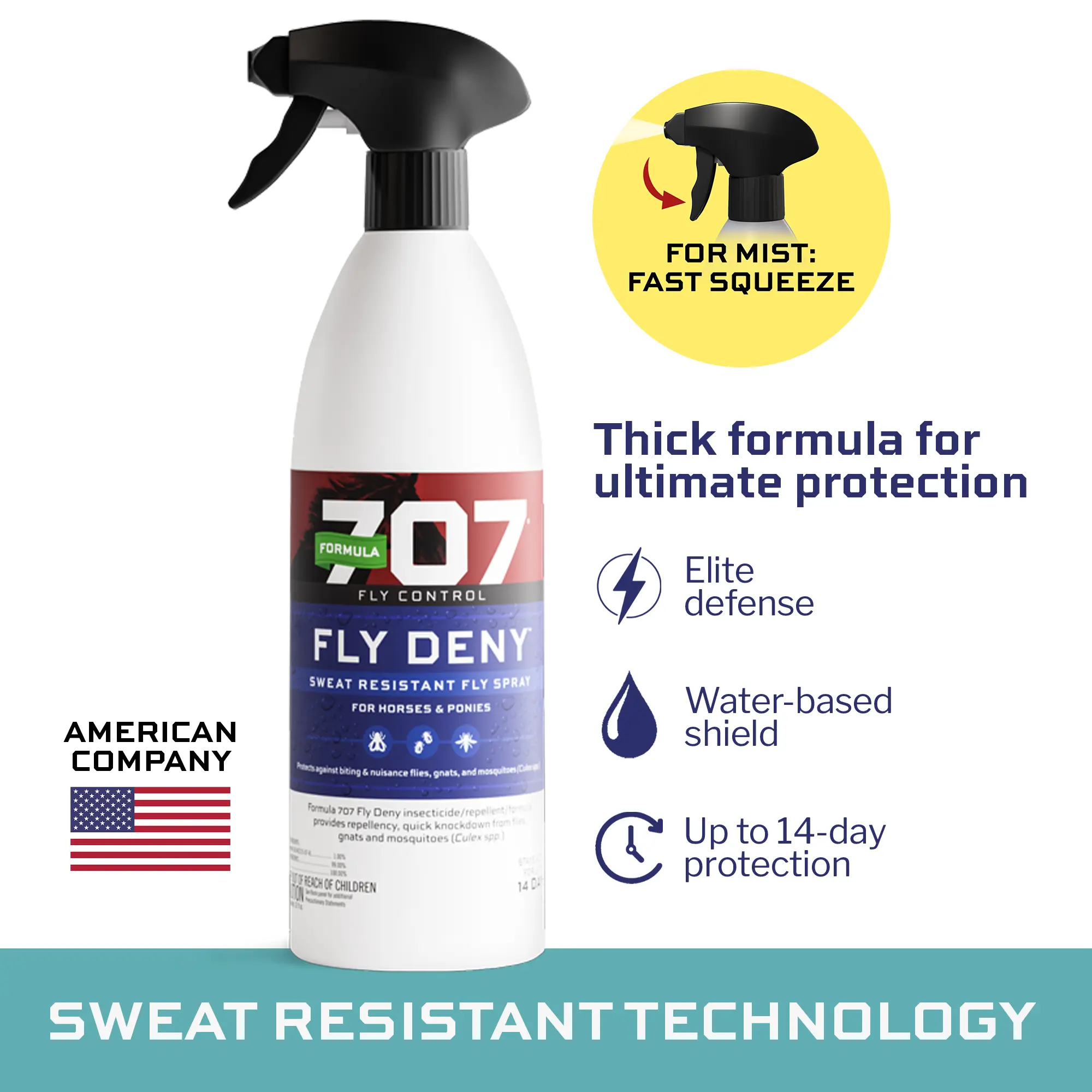 Formula 707 Fly Deny Fly Spray for Horses & Ponies - Protects Against Flies Mosquitoes Gnats - Sweat Resistant Up to 14 Days - Citronella Scented