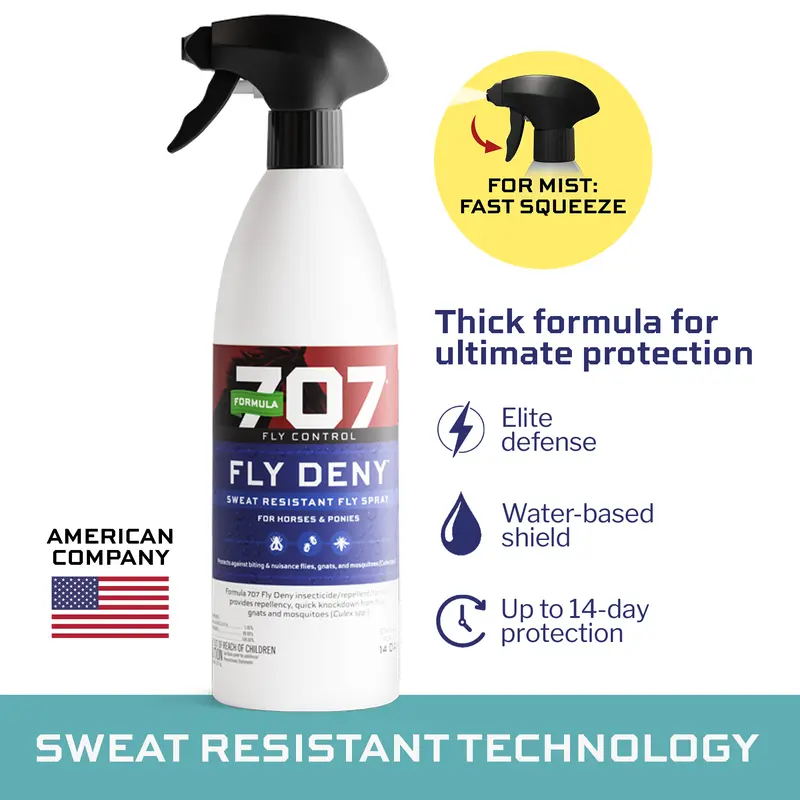 Formula 707 Fly Deny Fly Spray for Horses & Ponies - Protects Against Flies Mosquitoes Gnats - Sweat Resistant Up to 14 Days - Citronella Scented