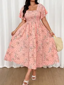 Plus Size Women's Square Neck Pleated Ditsy Floral Maxi Dress Boho Style Short Flounce Sleeve Wedding Outfit Casual Fabric