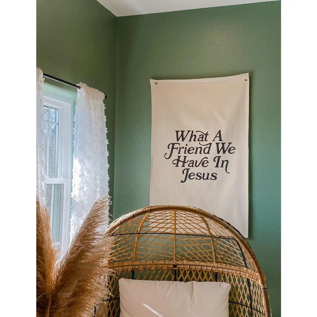 "What a Friend in Jesus" Cotton Tapestry Wall Mural, 26"x42" Hemmed Edge Home Decor, Vintage Indoor Living Room Wall Decor, Letter-Printed Home Supplies Accessory