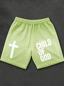 Men's 'son of God' Bible Verse Print Casual Tie-Dye Washed Cotton Shorts, Daily Streetwear Fashion, Comfortable and Stylish