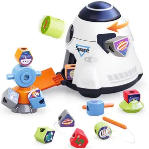 HOLA Magic Toy Spaceship Shape Sorter Building Set - 3-in-1 Toddler Sensory & Learning Toy for 2+ Years Old, Shape Matching, Beading & DIY Building with Storage,  Early Education Gift