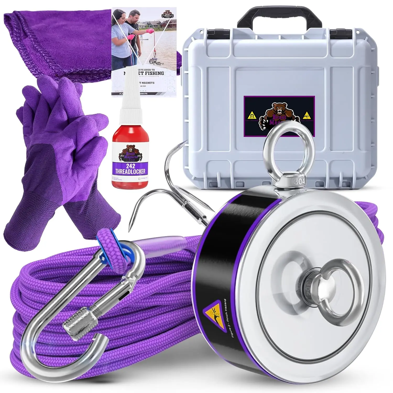 2600LB Pull-Force N52 Grade Double-Sided Neodymium Fishing Magnet Kit, 65ft Durable Rope, Carabiner, Cut-Resistant Gloves, Grappling Hook, Carry Case – Complete Set for All Skill Levels, Underwater Use