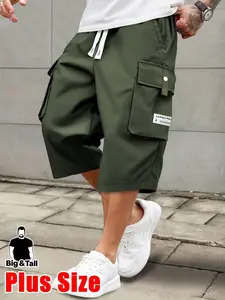 Men's plus size multi pocket workwear cropped pants Elastic waist drawstring loose outdoor casual workwear shorts Multi colored plus size side pocket workwear casual pants