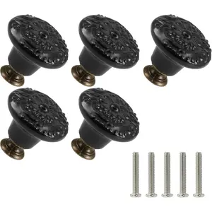 Black Ceramic Knobs 5 Pack Flower Drawer Pulls Vintage Cabinet Knobs - Antique Dresser Pulls with Screws for Closet Drawer Cupboard Cabinet and DIY Home Project