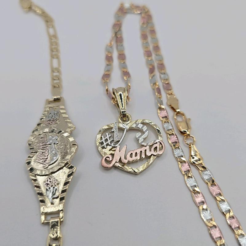 MOTHER'S GIFT SET mama #1 necklace mama bracelet heart and figaro style GOLD-PLATED 7"inches three colors