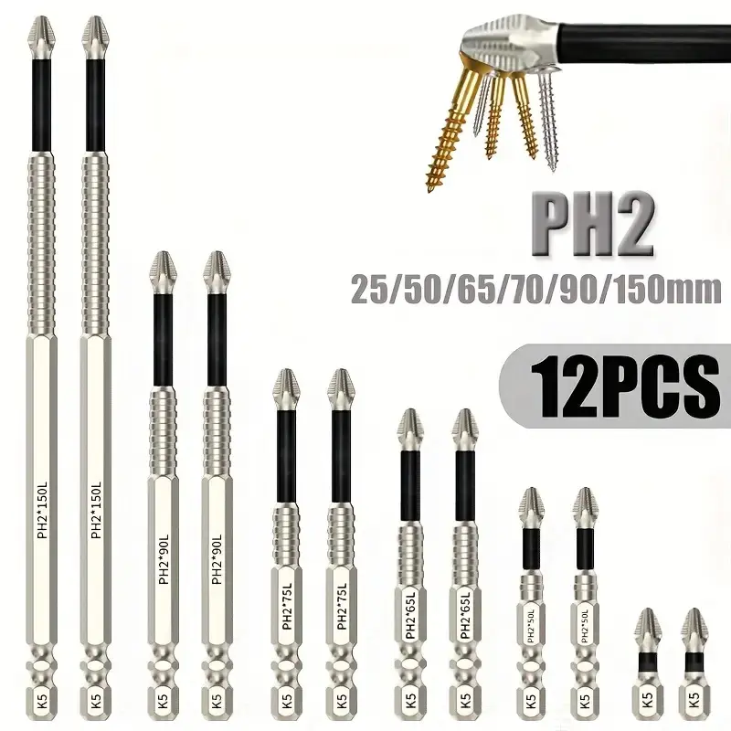 12Pcs PH2 Magnetic Phillips Screwdriver Bit Set 6 Sizes 25/50/65/70/90/150mm Anti-Slip Cross Drill Bits 1/4 Hex Shank with Storage Holders for Electric Screwdriver Power Drill DIY Repair Tools