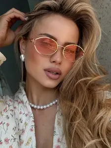 Elegant Hollow Oval Women's Fashion Glasses, Fashionable Sunglasses, Trendy Casual Sunglasses, Perfect for Various Occasions, College Style, Back-To-School, Letter Decorated Frame, Letter Decoration, Unique Oval Shape, Metal Frame Material