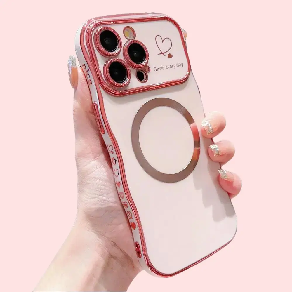 Side Wave Heart-Shaped Large Window Magnetic Case for IP 17 Pro Max, 16 Pro Max, 15, 14, 13 - Anti-Drop Full Protection, Stylish Elegant Design, Practical Functionality - Smartphone, Cellphone, Handheld Devices Accessories