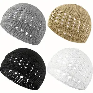 4 Pack Kufi Hat for Men,Muslim Knit Kufi Cap Set,Crochet Beanie Skull Beanie African Hat for Men Women,Christmas Party Valentine's Day Gifts,Hand Tools Kits