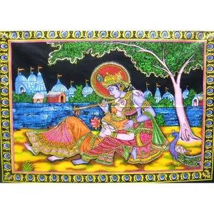Crafts of India Divine Lovers Radha Krishna sequin Batik Painting . Multiple sizes are available for selection.