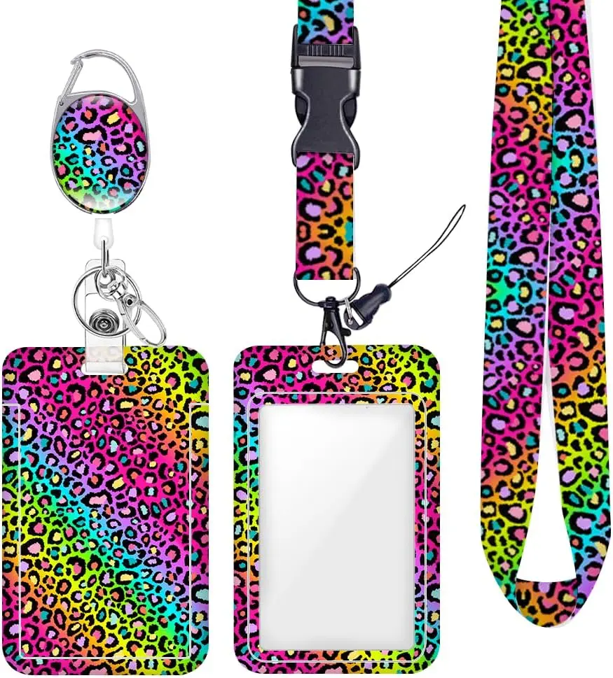 Colorful Rainbow Neon Leopard ID Badge Holder Badge Reel Lanyards for ID Badges Work Protector Retractable Carabiner Clips Heavy Duty Key Lanyard for Women Nurse   Teacher Office Boss Day