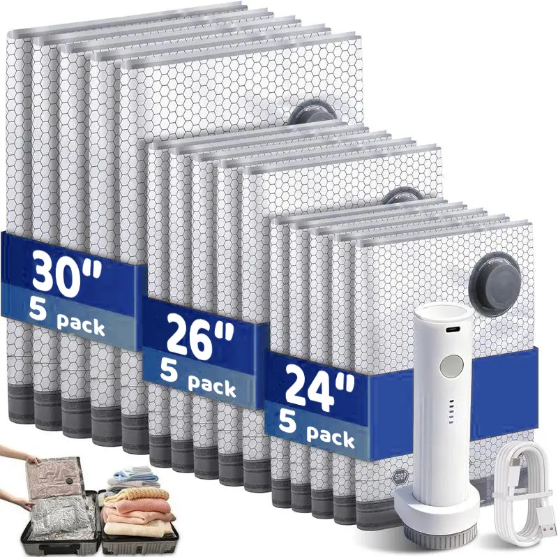 Cordless Travel Vacuum Storage Bag Set with USB Air Pump, 15 Pack Vacuum Seal Compression Bags in 3 Sizes, Reusable Waterproof Space Saver Bags for Clothes, Luggage Organizer, Travel Essentials, Closet Storage & Moving Removable Zipper Bags Lightweight ba