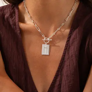 Tewiky Silver Plated Cross-shaped Paperclip Chain Necklace for Women Elegent Cross Necklace For Valentine's Day gifts