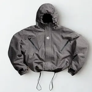 Men's Plaid Hooded Functional Jacket with Zipper Pockets and Drawstring Hem Streetwear Style Coat
