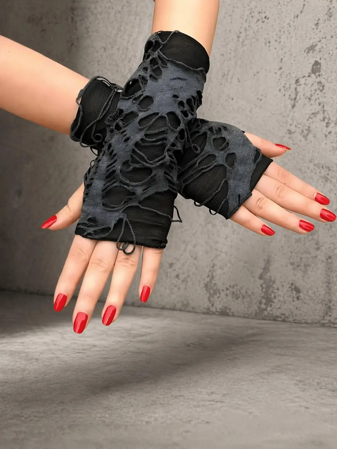Adult Punk Gothic Fingerless Gloves - Dark, Distressed Punk Look, Edgy Cutouts, Ripped Patch, Textured Fabric, Slim-Fit Design, Halloween Aesthetic, Statement-Making Accessory | Festive Party Supplies for Concerts, Cosplay Events