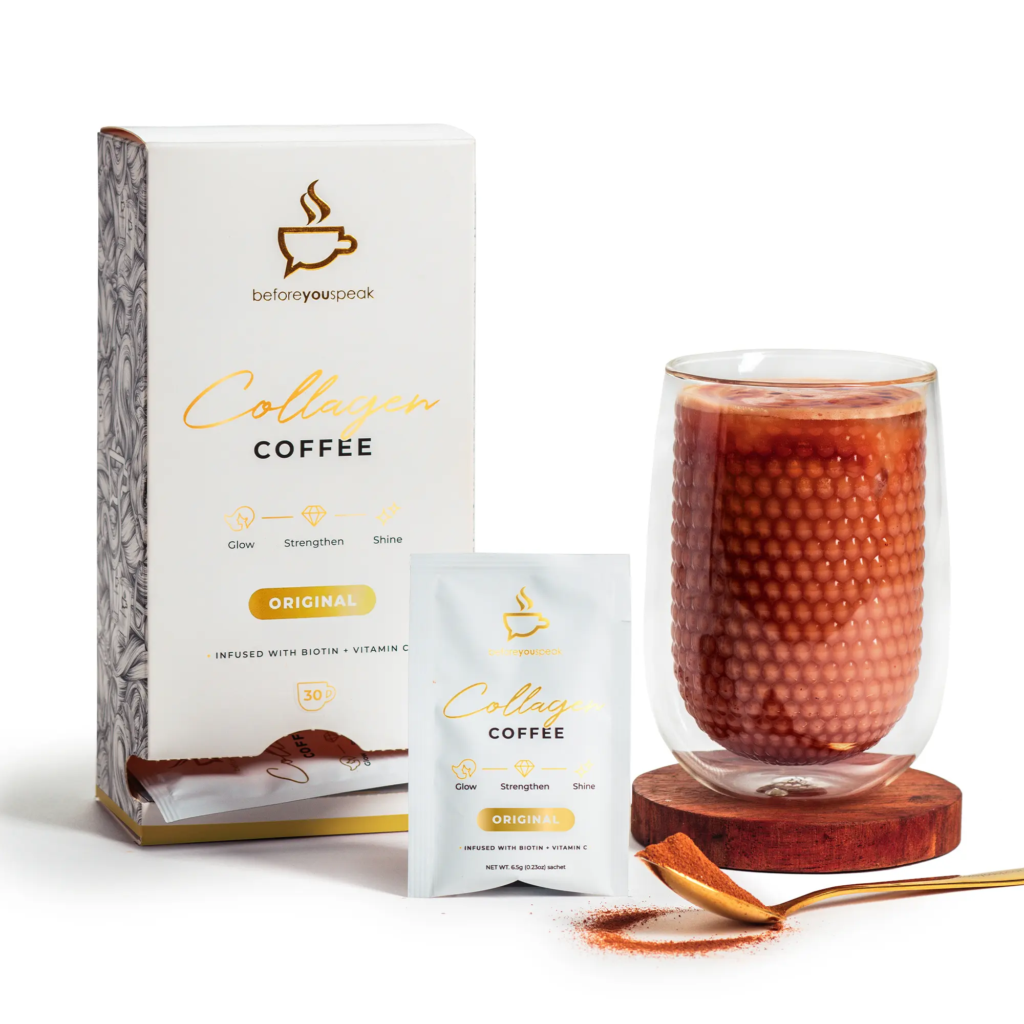 Beforeyouspeak Collagen Coffee - Original, Instant Colombian Coffee with Marine Collagen, Single Serve Sachets, Hair, Skin & Nails Support, Gluten Free, Keto Friendly, No Added Sugar, 30 serves