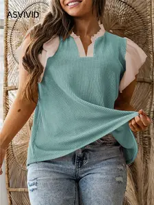 【Plus Size】 Contrast Frilled Neckline Ruffled Short Sleeve Ribbed Textured Fitted Blouse, Casual Top for Spring & Fall, Women's Plus Clothing for Daily Wear