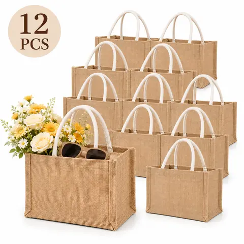 6/12 PCS Lightweight Reusable Jute Tote Bags with Cotton Handles - Burlap Sack Bulk Goody/Grab Bags for Adults, Wedding Party Favors & Home Supplies Gifts
