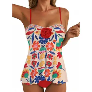 Womens Tankini Swimsuit Flower Flyaway Two Piece Bathing Suit Bandeau Swim Top with High Waisted Bottom