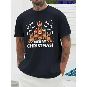Men'S German Shepherd Christmas Pyramid Graphic T-Shirt - Casual Short Sleeve Round Neck Tee with 6 Dogs in Santa Hats & Merry Christmas Print, All-Season Comfort Fit for Dog Lovers, Men Graphic Tee, Men Shirt, Vintage Graphic Tee