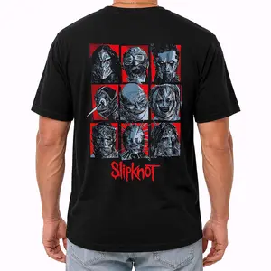 Slipknot Nine Members Mask Grid Back Graphic Tee, Cotton Fabric Crew Neck, Short Sleeve Unisex Streetwear Trendy Top for Men for Women