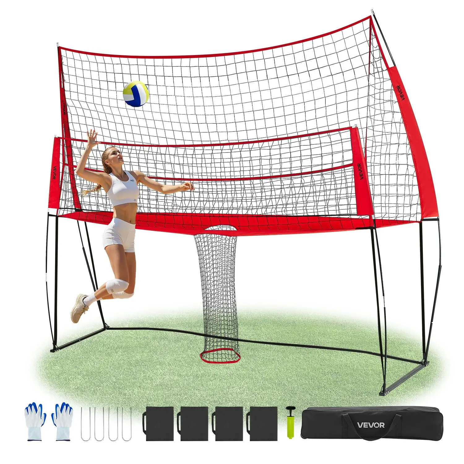 VEVOR 2-in-1 Volleyball Rebounder Net Training Equipment, Rust-Resistant Steel Frame Station, Smart Return, Reduces Ball Jams, 6.5-8 ft Flexible Height Adjustment, Portable with Carry Bag, Easy Setup, Youth-Friendly for Backyard Outdoor Serving Accuracy