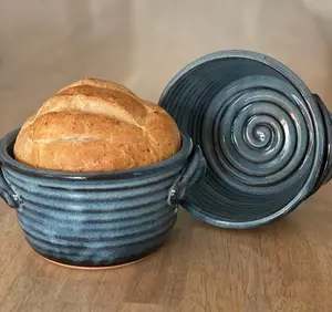 Pottery Bread Baking Pot in Blue Glaze - 12 Recipes Included - Stoneware Bread Baker- In Stock - Ceramic Baker