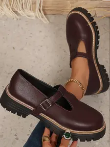 Women's Fashion Low Heel Loafers, Round Toe PU Leather Shoes, Spring & Fall Casual Footwear, Plain Design, Slip-On Style