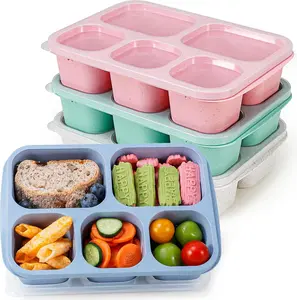 Wheat Straw Bento Snack Box Containers for Adults &  -  Adult Lunchable  Storage Containers with 5-Compartment for Snacks & Meals, , 4-Pack (Multicolor & Clear Lids)