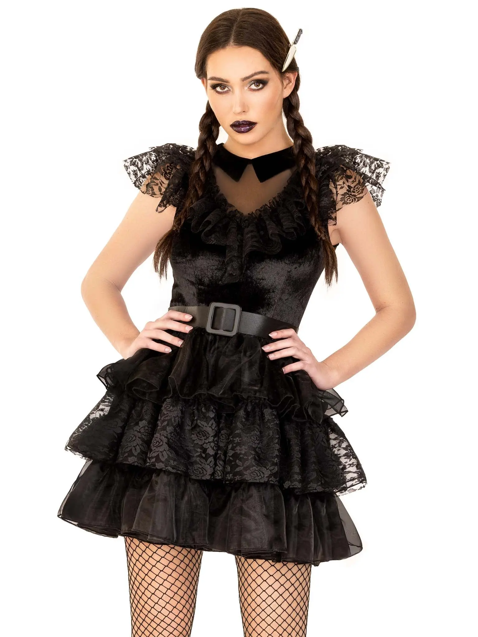 Raving Rebel Women's Cute Gothic Cosplay Clothes - 3-Piece Velvet Dress with Tiered Organza Skirt, Lace Accents, Belt, Knife Hair Clip Halloween Dance Accessories, Fit