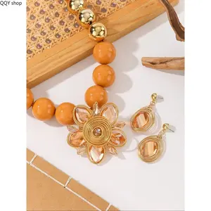 Handmade Plum Blossom Necklace & Earrings Set, Large Acrylic Crystal Beaded Jewelry, Unique Exaggerated Statement Design, Artificial Gemstone Fashion Ornament, Elegant Bold Accessory for Party Wedding Special Occasions