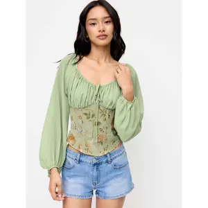 Cider Chiffon Floral Jacquard Scoop Neckline Lantern Sleeve Drawstring Blouse