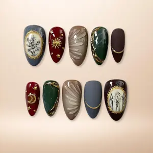 Handmade Emerald Green Press On Nails: Gold Star Details, Fall Holiday