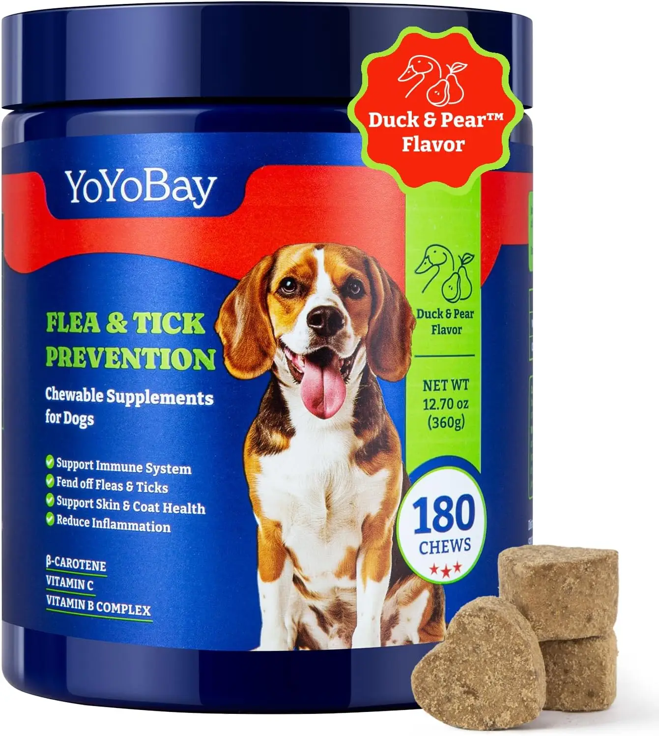 Flea and Tick Support Chews for Dogs, 180 & 70 Soft Chews, Duck & Pear Flavor - YoYoBay Dog Fleas and Ticks Chewable Treats, Natural Defense, Dog Immu