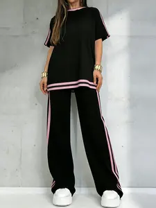 Women's Two-Piece Set, Casual, Solid Color Round Neck Short Sleeve T-Shirt and Striped Long Pants, Spring Summer Fashion