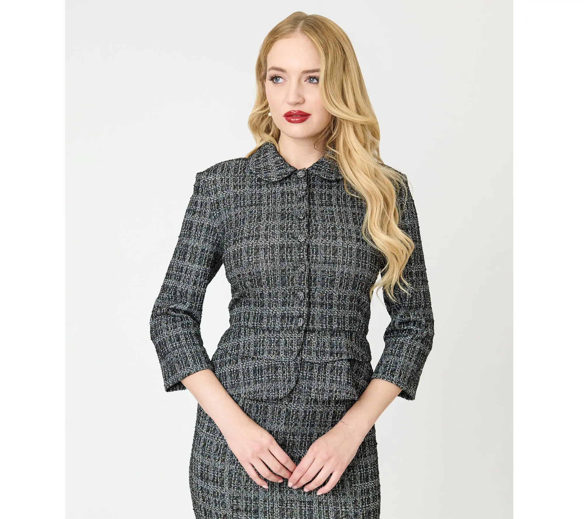 Unique Vintage Black & White Plaid Boucle Peplum Jacket