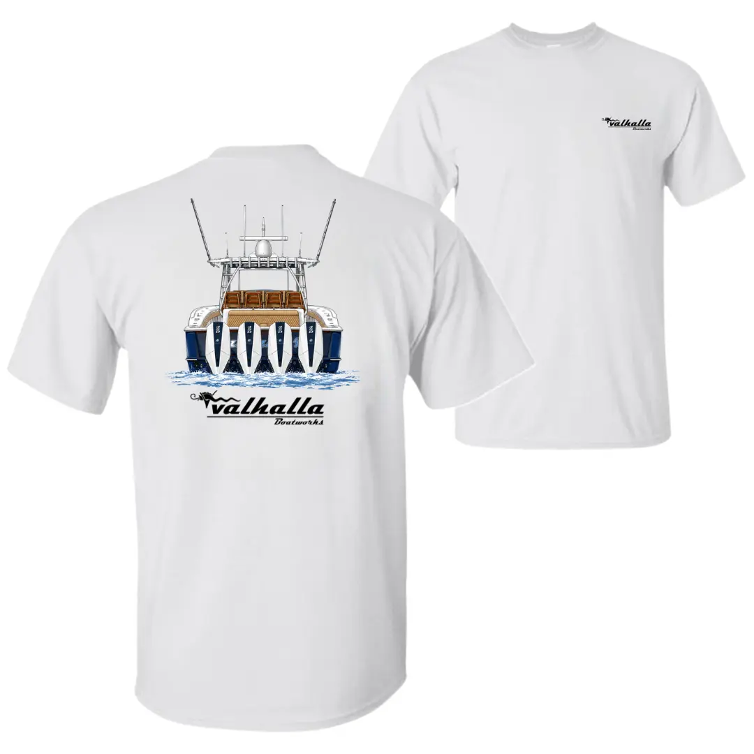 Valhalla Stern T-Shirt, Luxury Sportfishing Boat Graphic Tee, Soft Cotton Marine Apparel, Offshore Boating Shirt for Men & Women, Yacht Lover Gift
