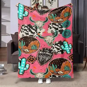 Western Desert Cactus Bullhead Pattern Blanket, Soft Throw Blanket, Air-conditioned Room Blanket, Warm Nap Blanket for Home Office Travel Camping, Breathable Soft Blanket