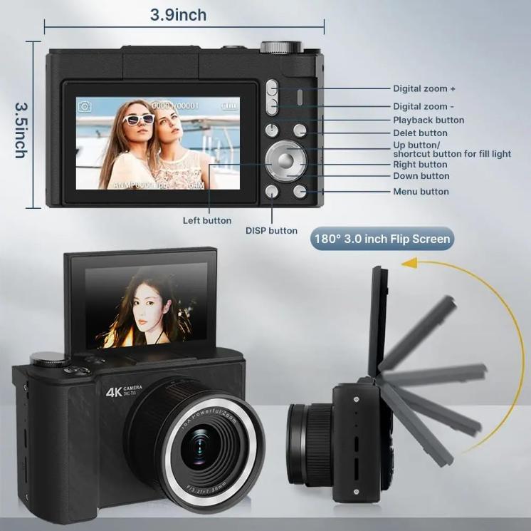 Spring New Upgrade 2.0 4K Digital Camera for Photography,  Foldable Screen Portable Vlogging Camera with 32GB SD Card, Wrist Strap, Self Timer, Anti-Shake,  Digital Zoom, Great Gift for Girls, Boys Teenagers, and Beginners