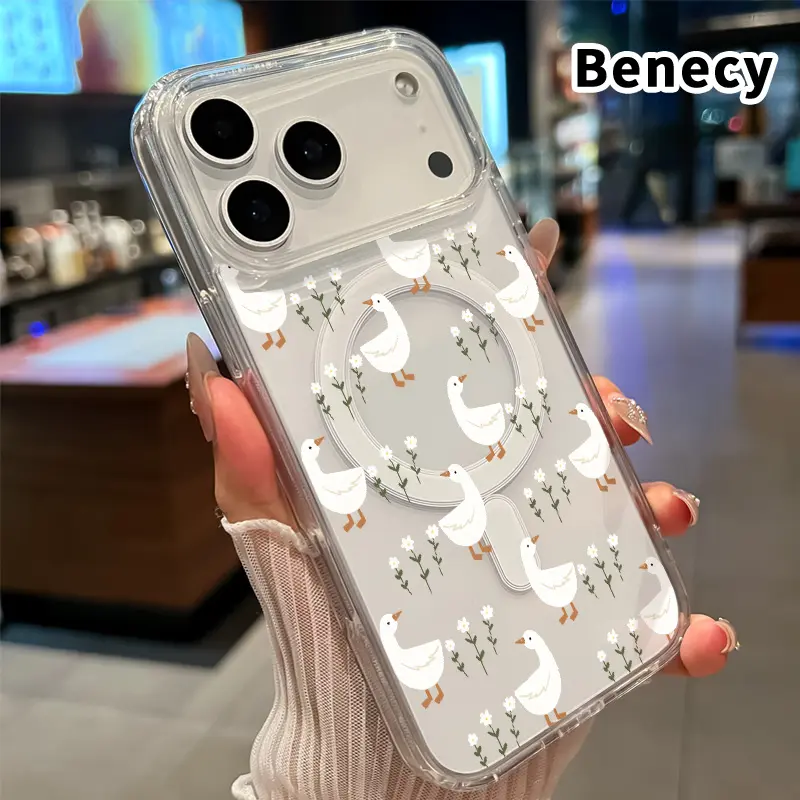 Magnetic Soft Case for iPhone 17 16  Pro Max Plus 15 14 13 12 11 Air E White Goose Pattern Anti-Yellowing Shockproof ultra-thin Silicone Crystal Transparent Acrylic Large Hole Cover Supports Wireless Charging