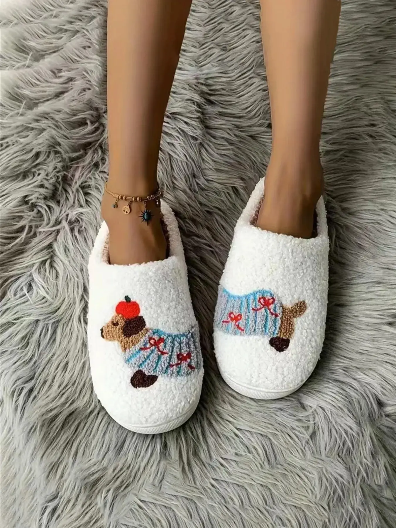 Women's Cartoon Embroidered Slippers, Trendy Casual Slippers, Tpr Sole, Textile Upper, Fall & Winter Fashion, Home Wear, Warm House Slippers, Cozy House Slippers, Less Than Ankle Height