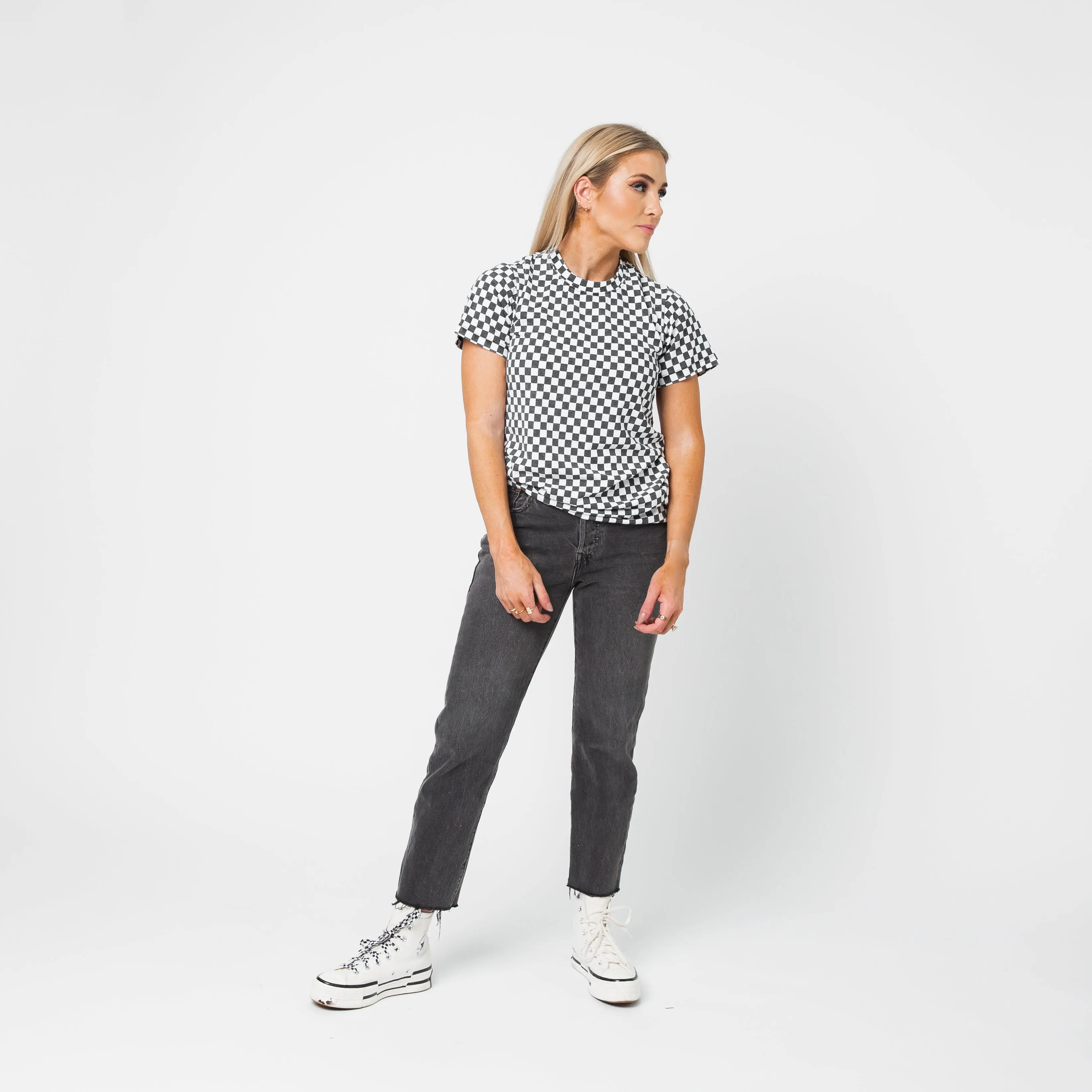 Women's Casual Mini Check Tshirt, Black & White Shortsleeve Stretchy Knit Unisex Wear for All Seasons